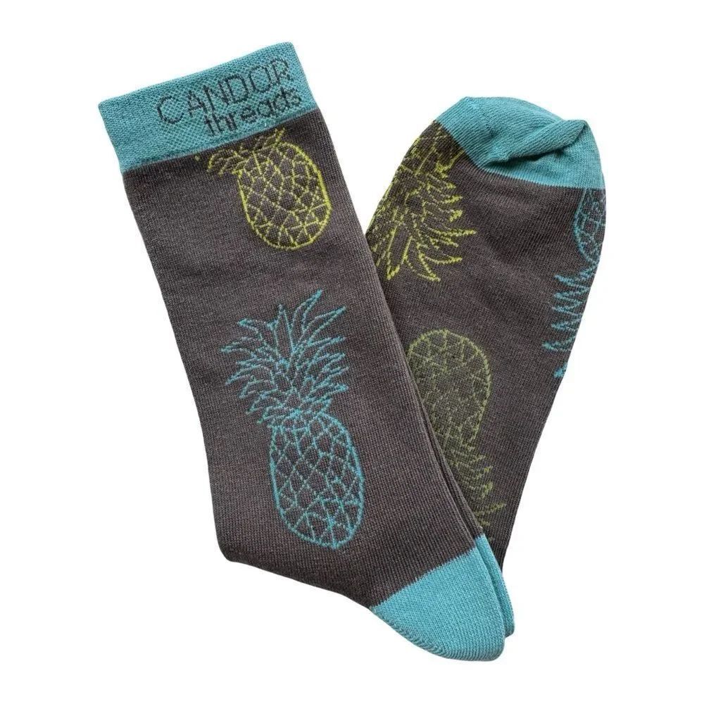 Candor Threads Crew Length Teal & Gray Pineapple Socks Unisex Sz 6-10 Fits Most